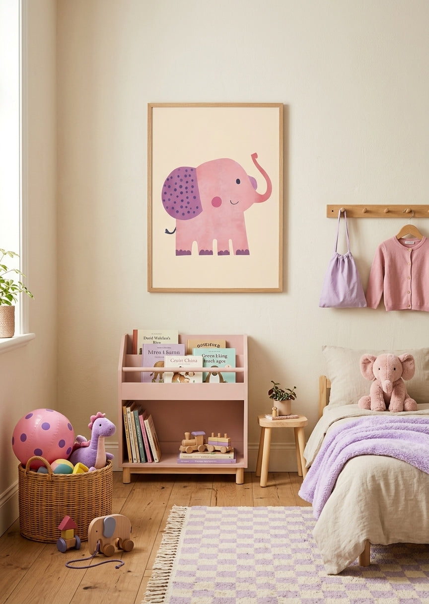 Lyserød børneplakat med sød elefant til børneværelset