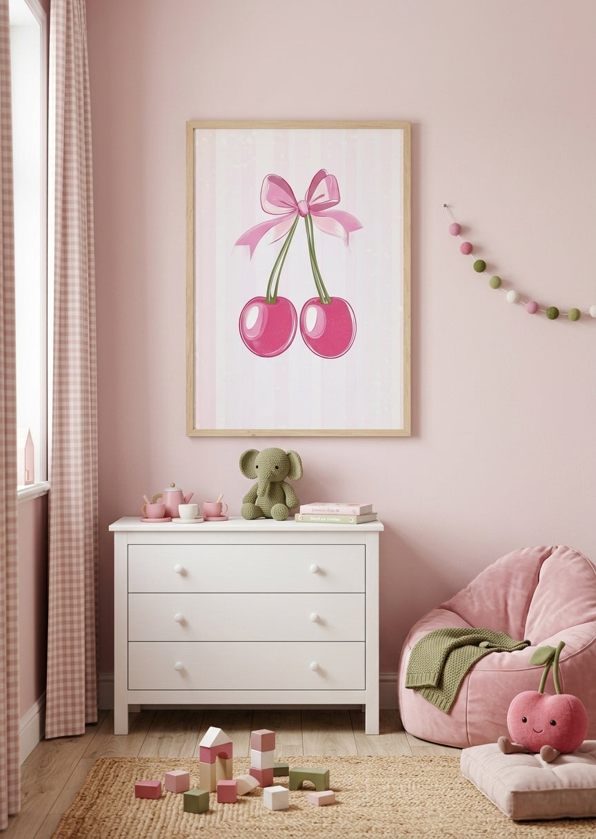 Plakat med kirsebær og pink sløjfe til pigeværelset