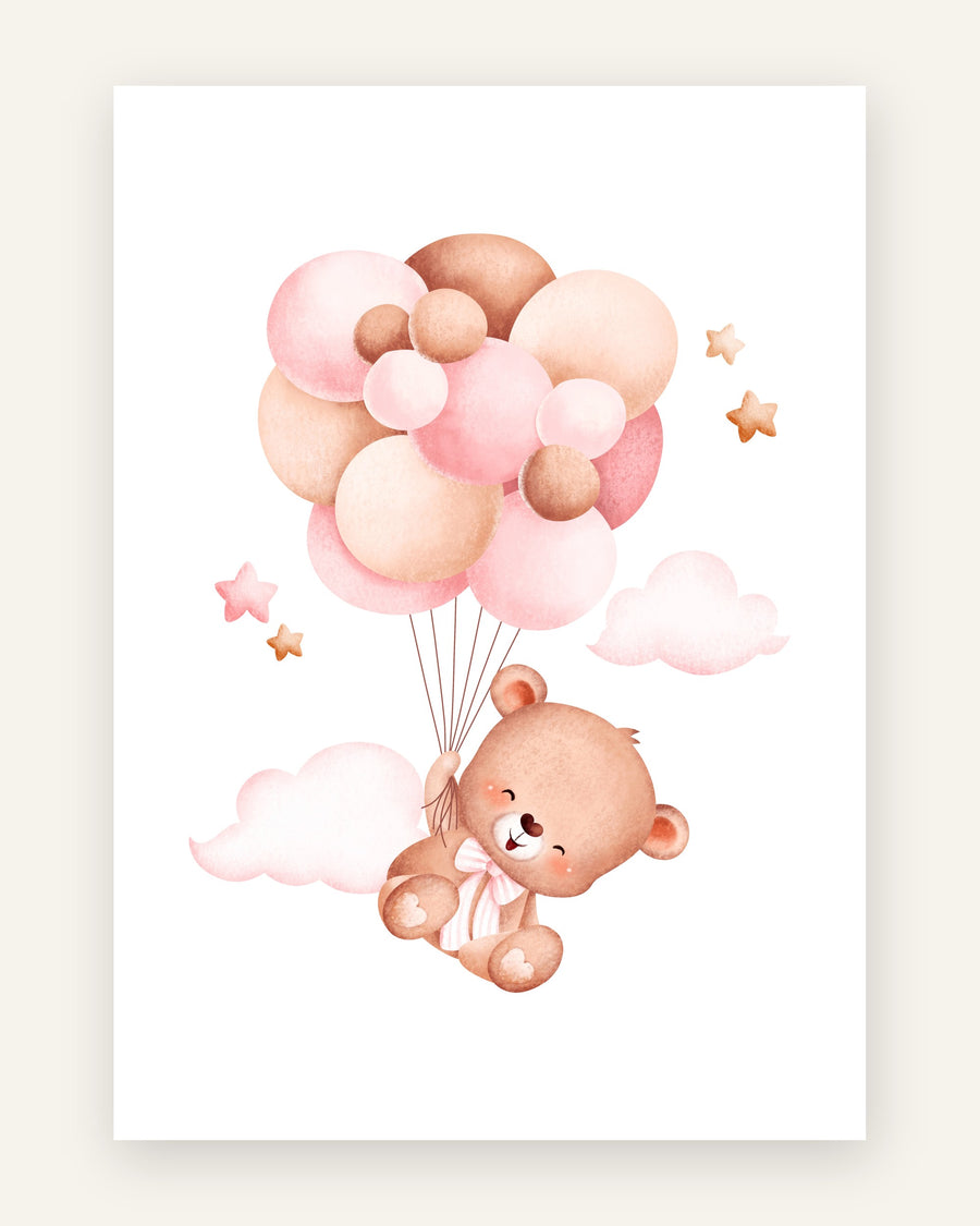 Børneplakat med bamse med rosa balloner i lyserøde toner til pigeværelset