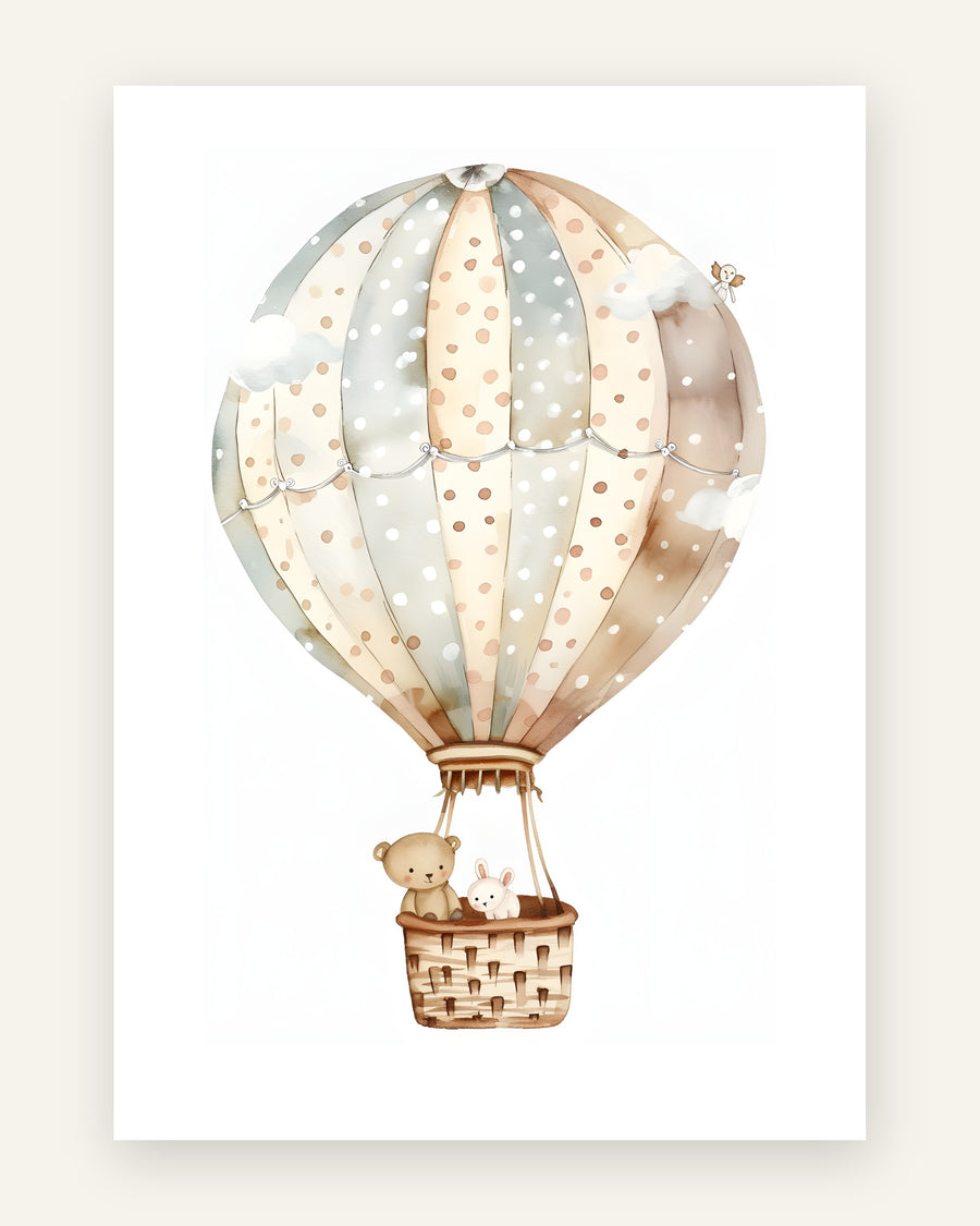 Børneplakat med bamser i luftballon i beige til børneværelset