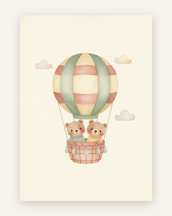 Plakat med to bamser i stribet pastel-luftballon