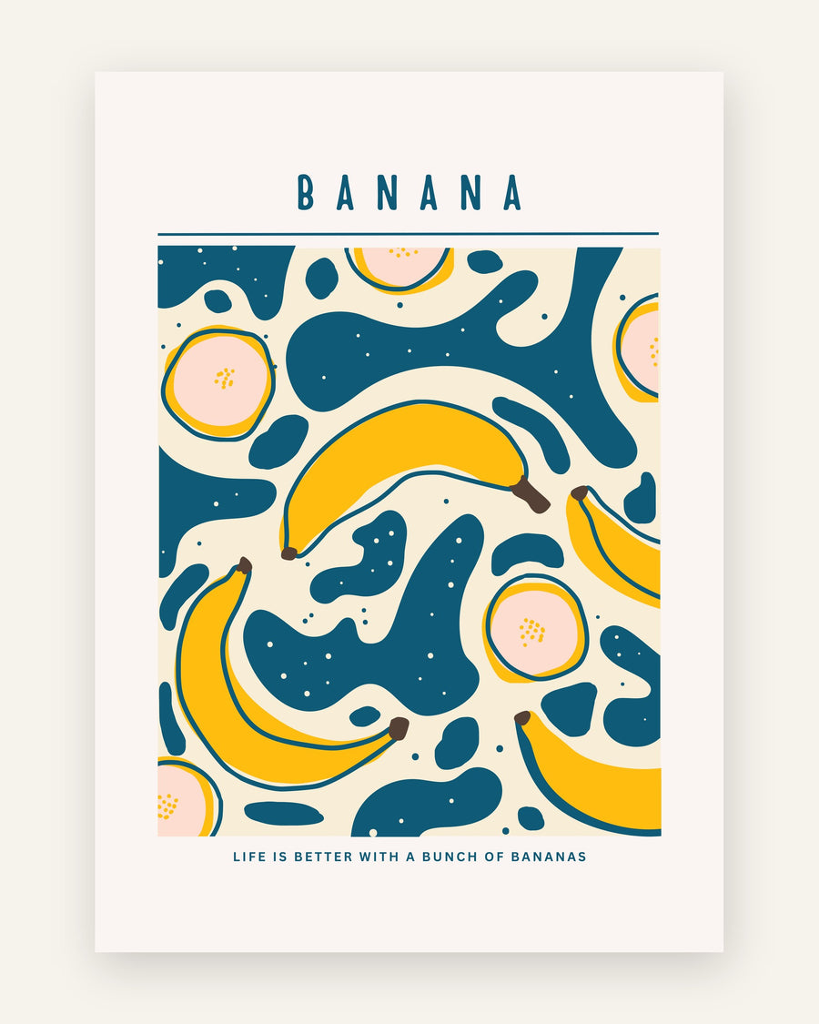 Børneplakat med banan mønster i blå toner til børneværelset
