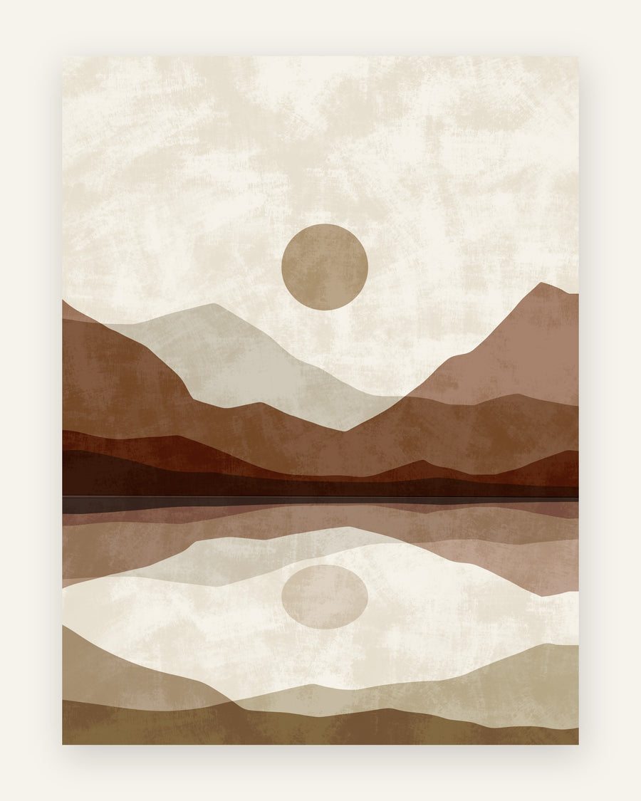 Børneplakat med brune og taupe bjerge og tan sol spejlet i en stille sø i varme jordfarver til børneværelset