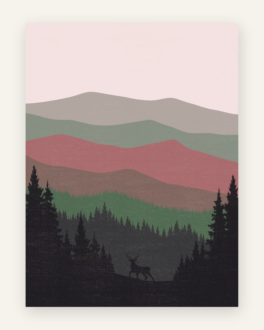 Minimalistisk børneplakat med hjort foran bjerge i støvet rosa, salviegrøn og taupe, til børneværelset.