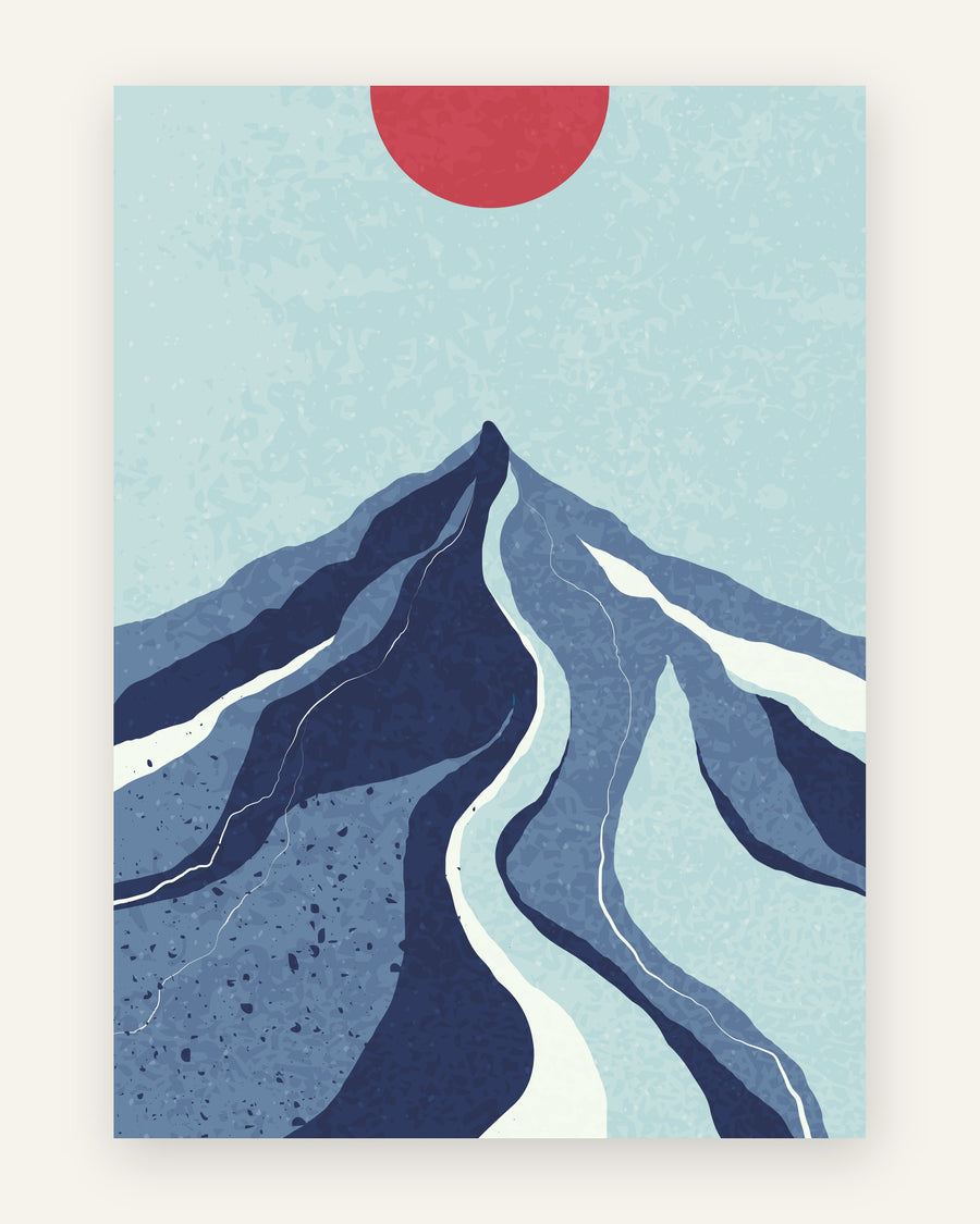 Minimalistisk plakat med blå bjergtop og rød sol på lyseblå himmel til børneværelset
