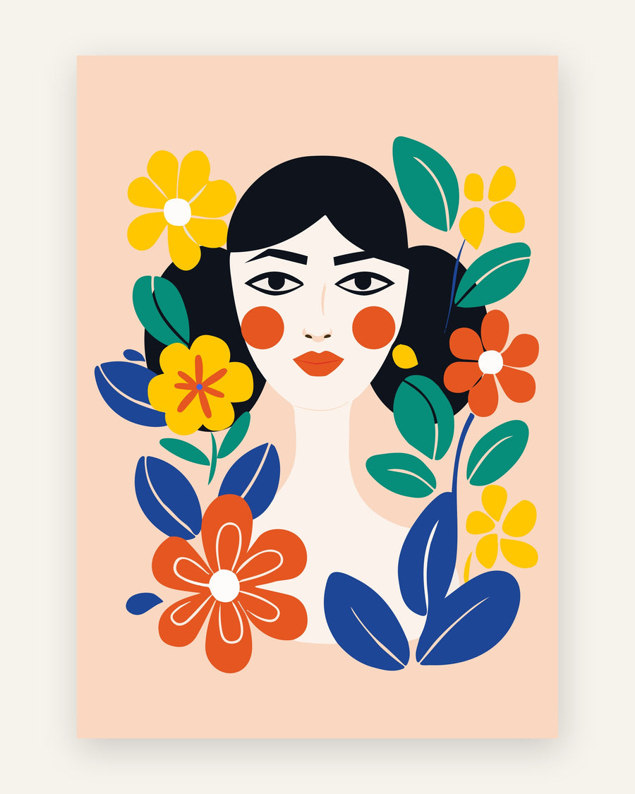 Børneplakat med blomsterpige med farverige blomster i blå toner til pigeværelset
