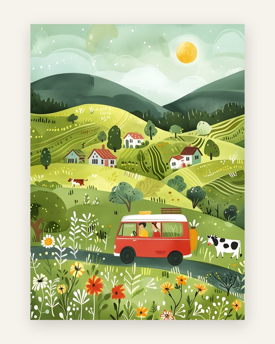 Børneplakat med rød campingbus på tur gennem grønne bakker med blomster, køer og små huse