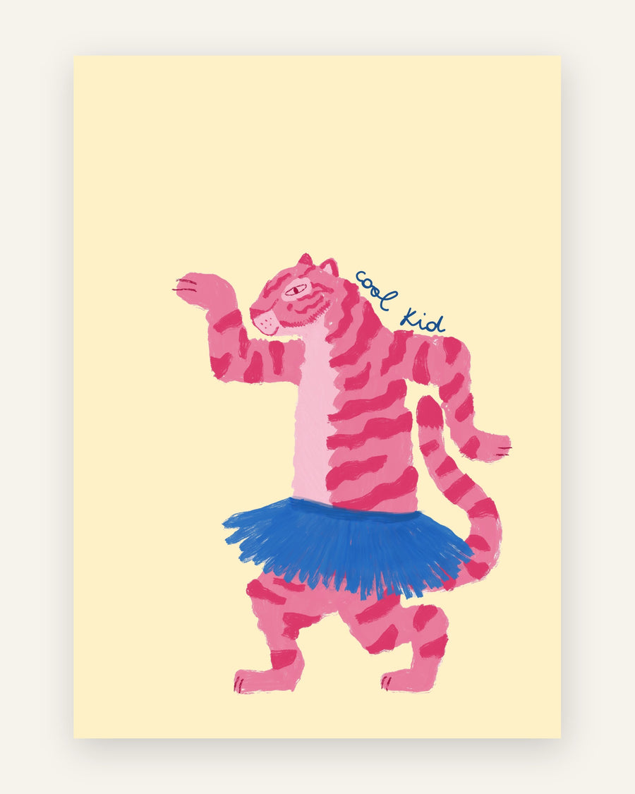 Børneplakat med cool kid tiger i tutu i lyserøde toner til børneværelset