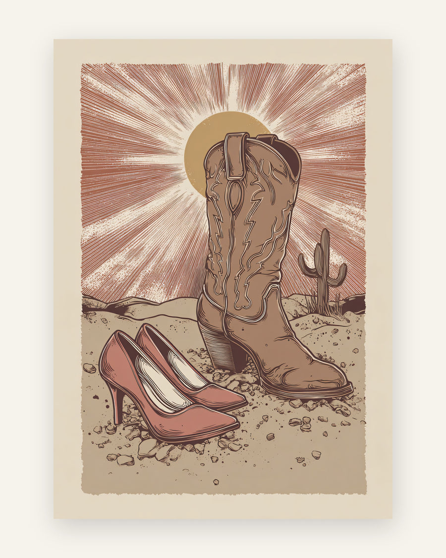 Vintage western plakat med brun cowboystøvle og lyserøde stiletter i ørken med kaktus i terrakottatoner