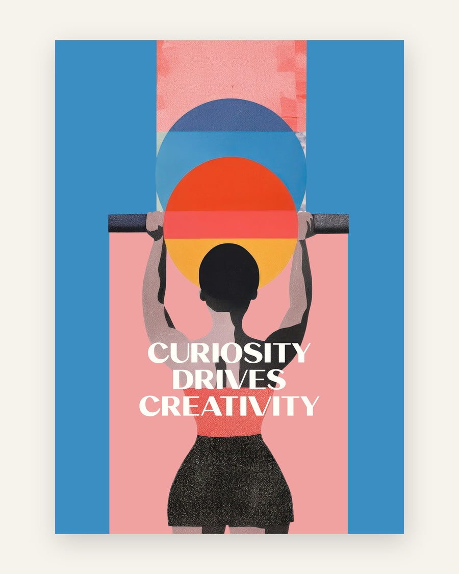 Børneplakat med curiosity drives creativity i blå toner til pigeværelset