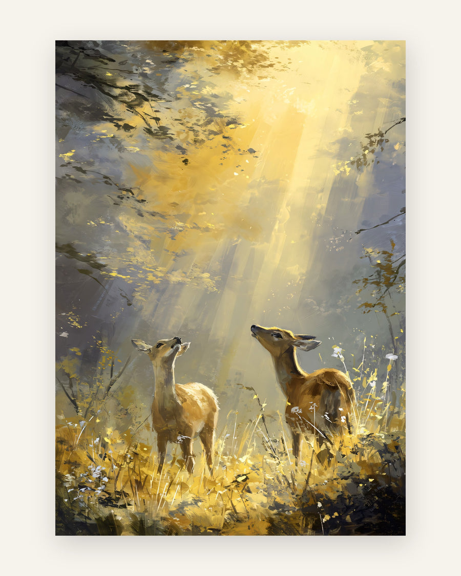 Malerisk børneplakat med to dådyr i gyldne solstråler i en skov med grå og gule toner, til børneværelset.