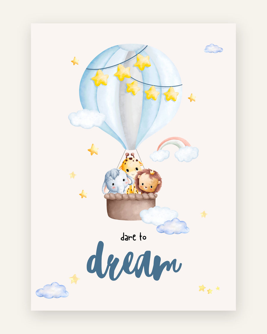 Børneplakat med dare to dream ballon i blå toner til drengeværelset