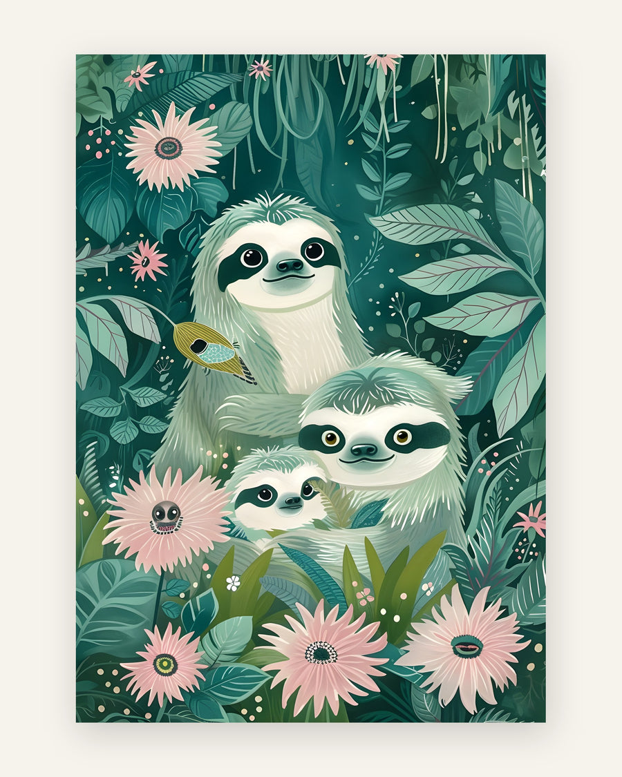 Sød børneplakat med en dovendyr-familie i en frodig grøn jungle med lyserøde blomster, til børneværelset.