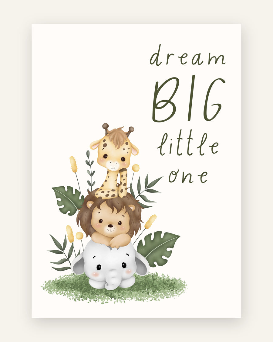 Børneplakat med dream big safaridyr i grønne toner til børneværelset