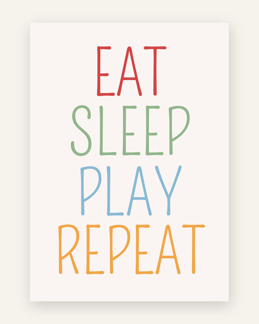 Børneplakat med eat sleep play repeat i friske farver til børneværelset