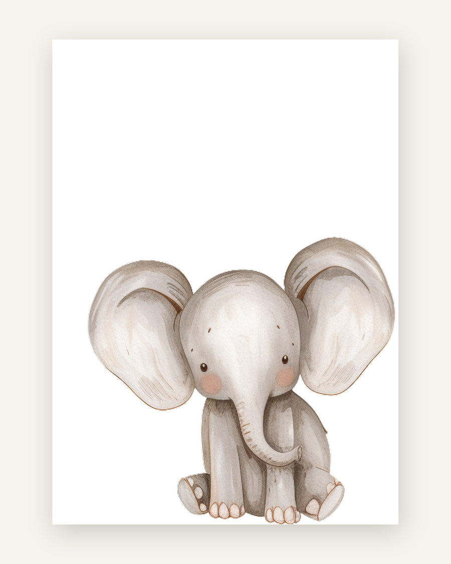 Børneplakat med elefant med store ører i beige til børneværelset