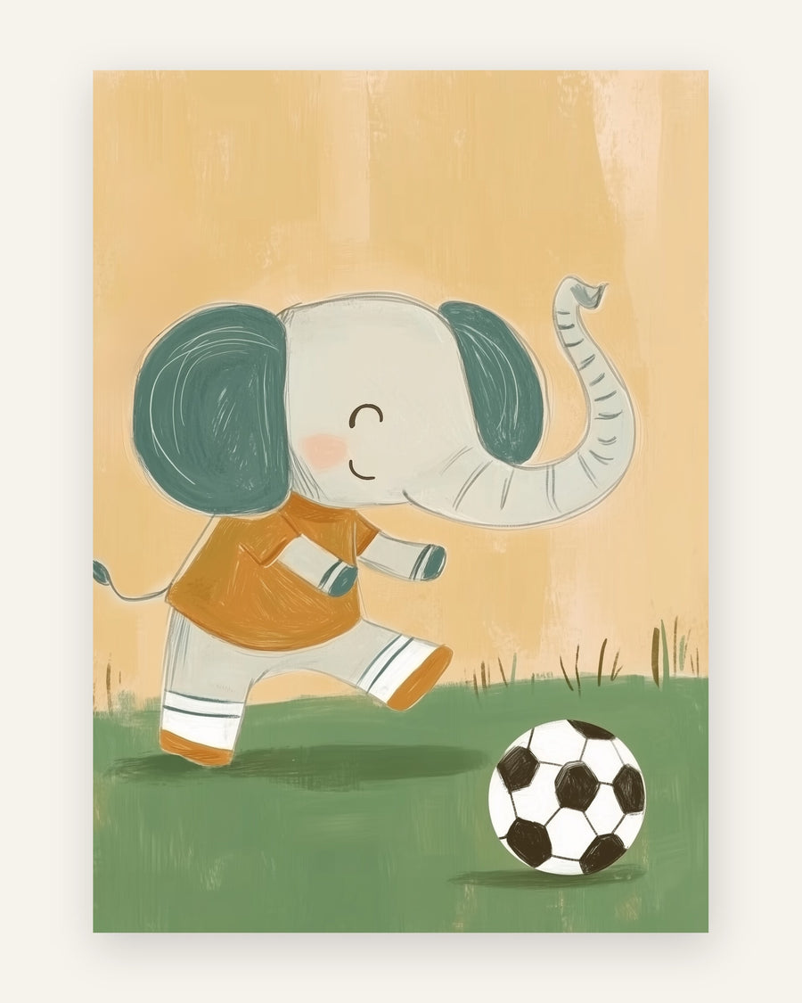 Børneplakat med elefant spiller fodbold i gule toner til drengeværelset