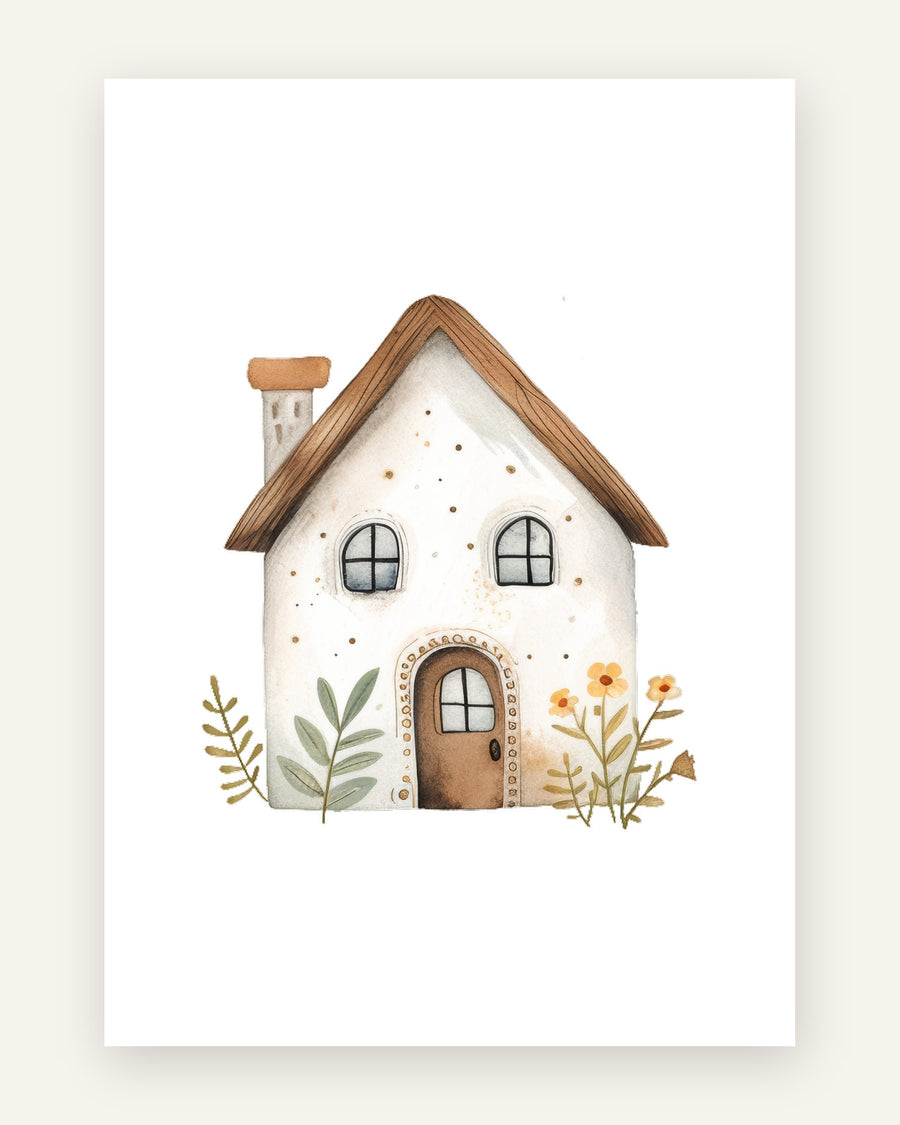 Plakat med eventyrligt lille hus i beige