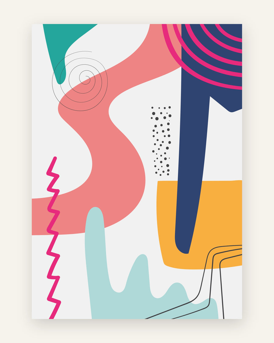 Abstrakt plakat med koral bølgeform, navyblå, pink spiral og mint på lys grå baggrund