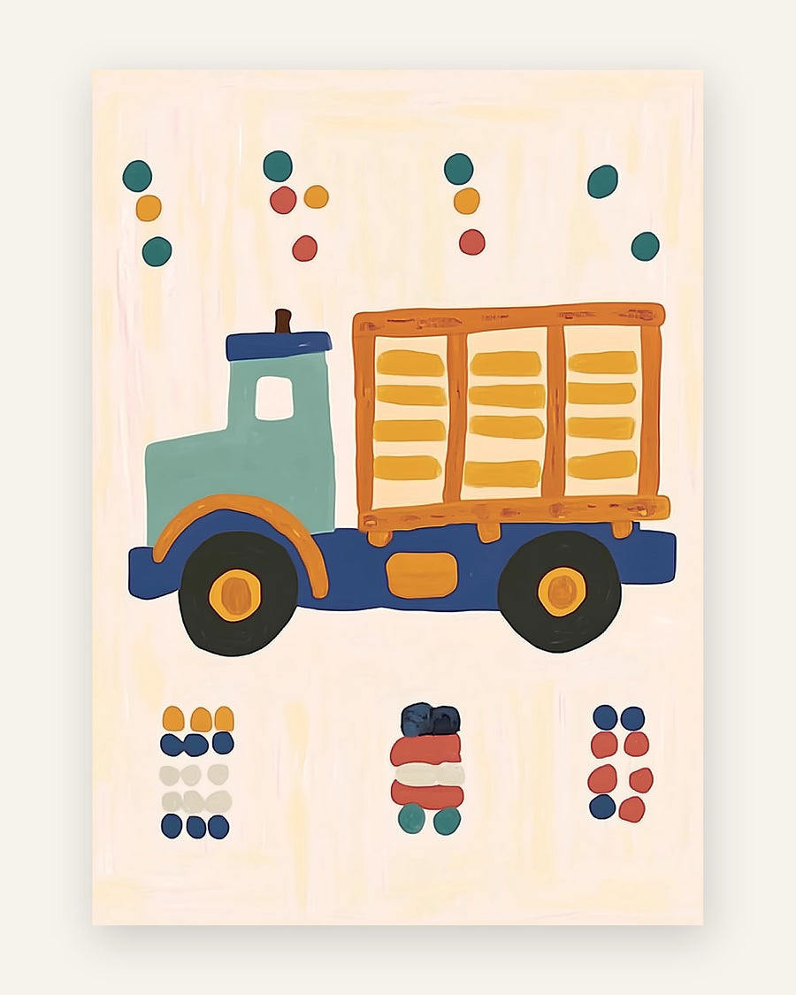 Børneplakat med naivt malet farverig lastbil i teal, blå og orange med gul last på cremebaggrund