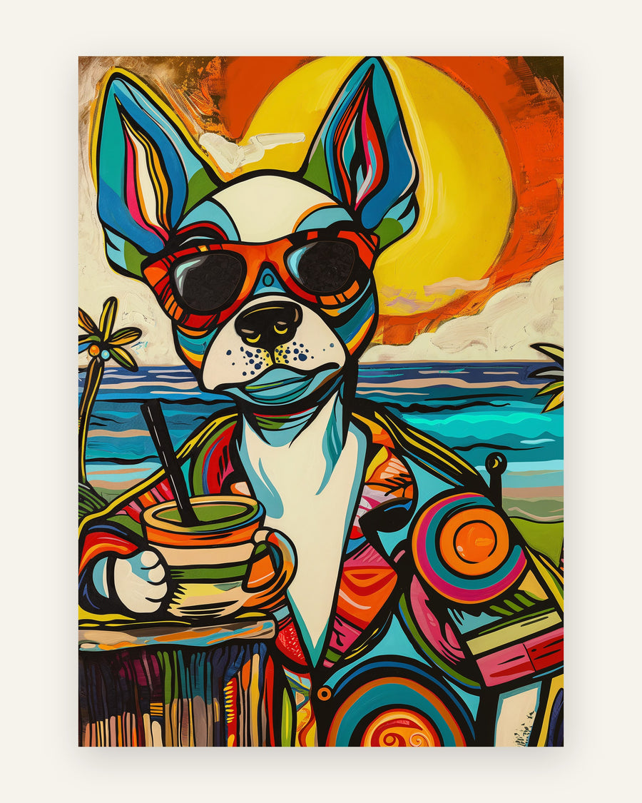 Farverig popkunstplakat med en chihuahua med orange solbriller og tropisk drink på en strand med sol, hav og palmer