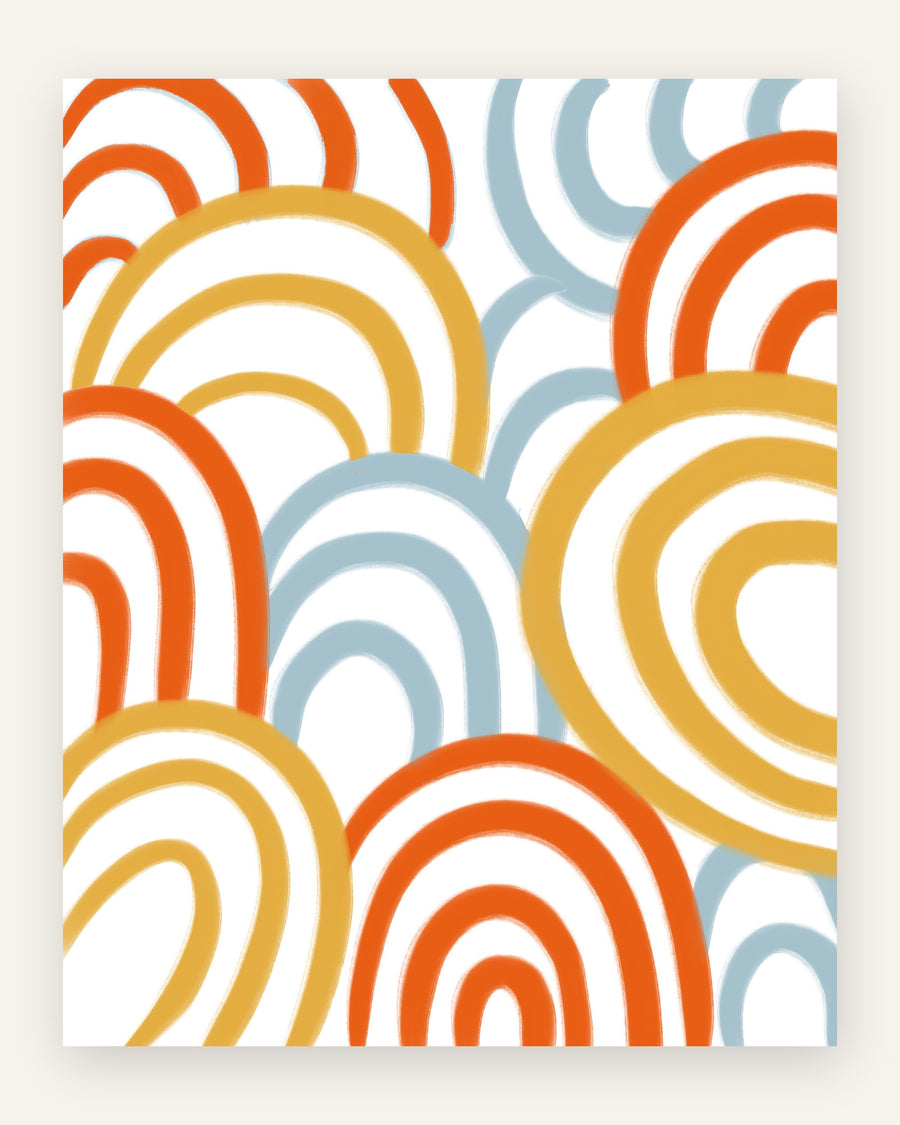 Børneplakat med overlappende boho-regnbuer i orange, sennepsgul og lyseblå på hvid baggrund til børneværelset