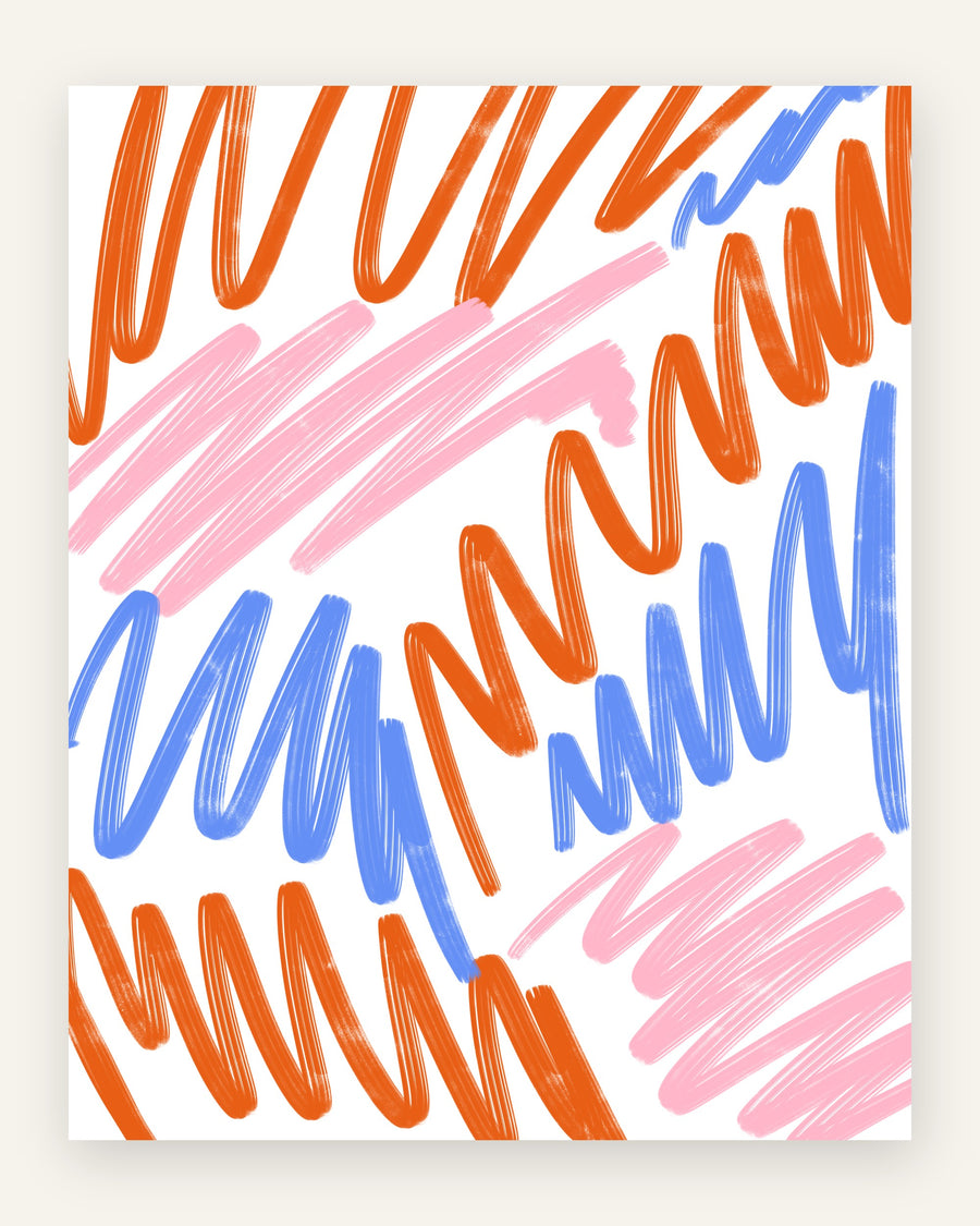 Abstrakt plakat med håndmalede zigzag-streger i orange, blå og pink på hvid baggrund