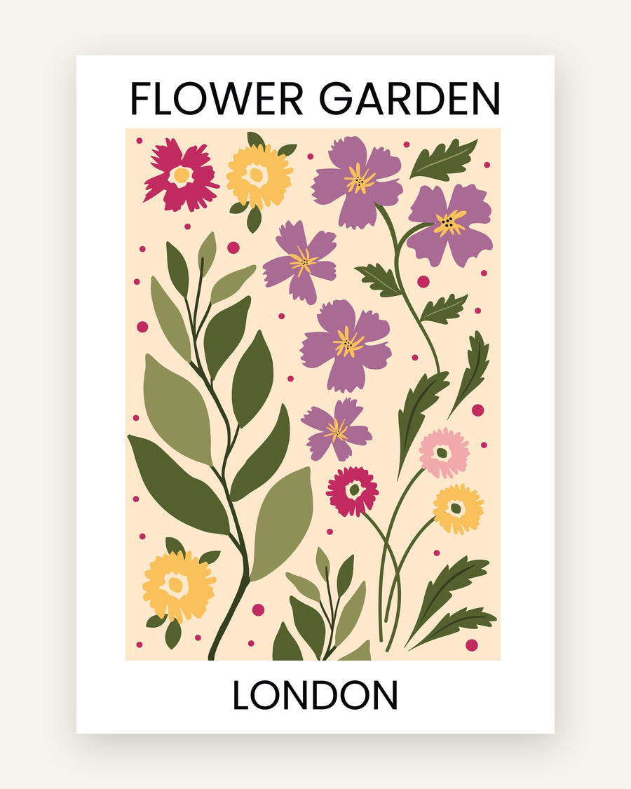 Børneplakat med flower garden london i lilla toner til pigeværelset