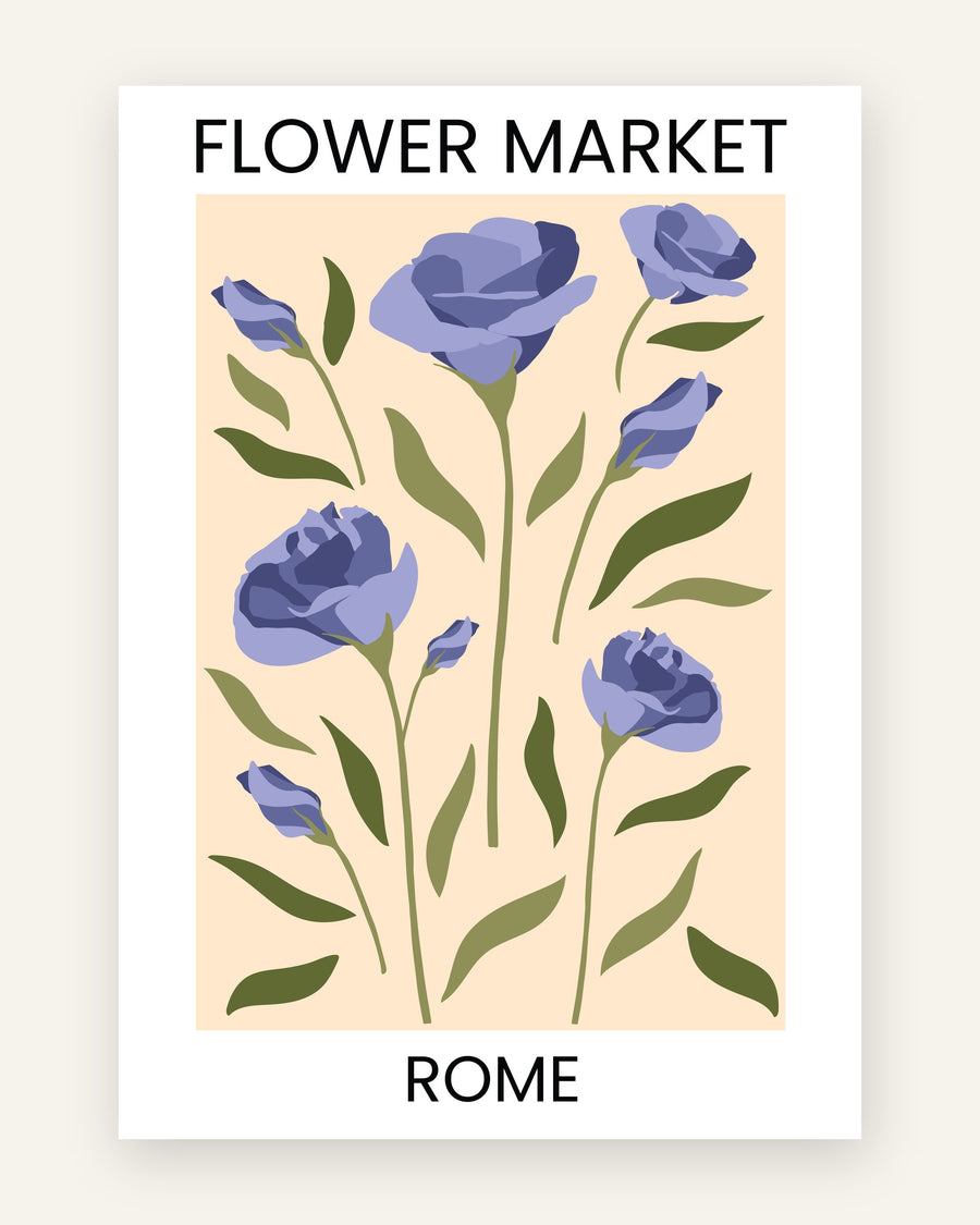 Børneplakat med flower market rome i blå toner til børneværelset