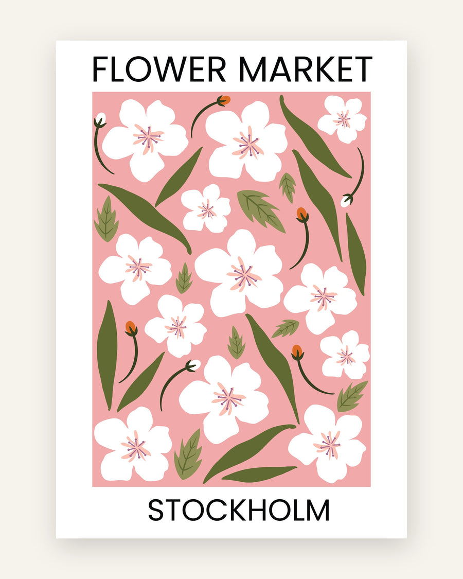Børneplakat med flower market stockholm i lyserøde toner til pigeværelset