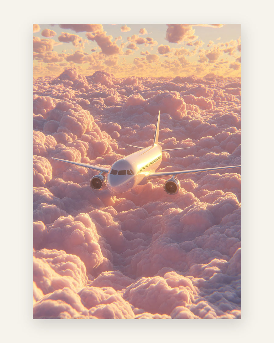 Børneplakat med et hvidt passagerfly, der flyver over bløde lyserøde skyer i gyldent solnedgangslys, fotorealistisk, til drengeværelset