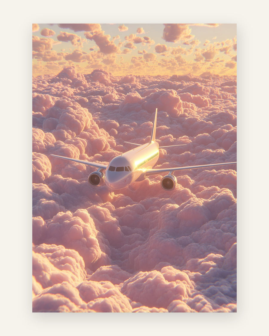 Børneplakat med et hvidt passagerfly over bløde rosa skyer i varmt gyldent solnedgangslys, fotorealistisk, til børneværelset