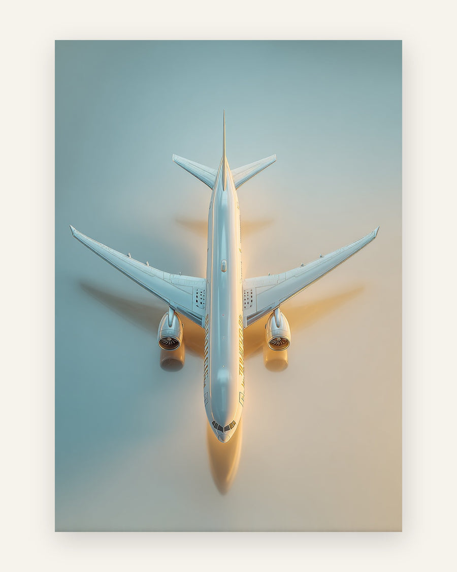 Børneplakat med et hvidt passagerfly set oppefra på en gradient i blå og gyldent lys, minimalistisk stil, til drengeværelset