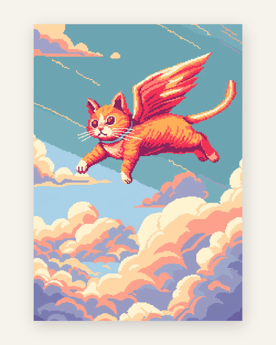 Børneplakat med orange killing med lyserøde vinger der flyver gennem pastelfarvede skyer på blå himmel i pixelkunst til børneværelset