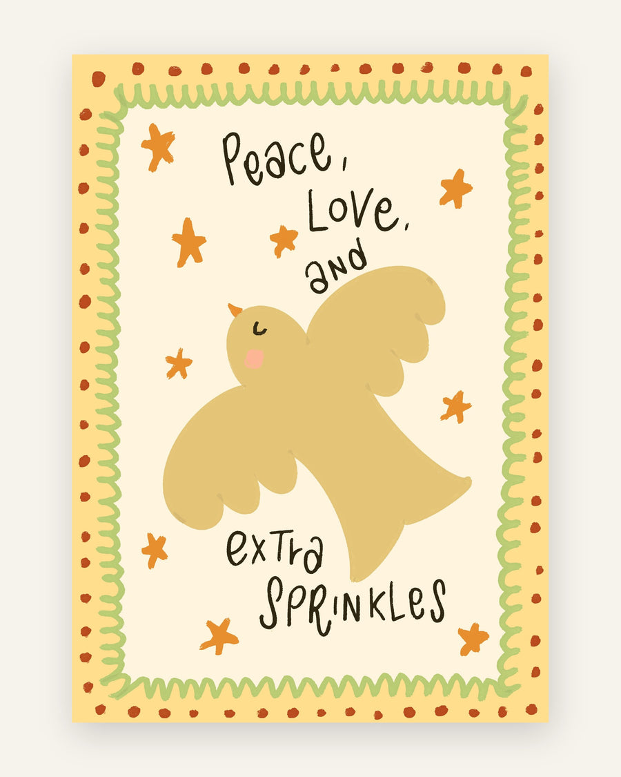 Børneplakat med fugl peace love sprinkles i gule toner til børneværelset