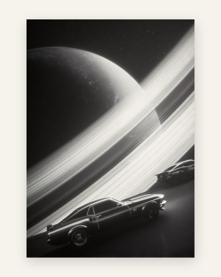 Sort-hvidt motiv med to klassiske muskelbiler der racer langs en planets ringe i rummet
