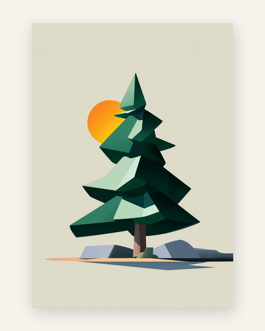 Geometrisk low-poly plakat med facetteret grantræ i mørk og mintgrøn, orange sol og grå sten på sart grøn baggrund til børneværelset