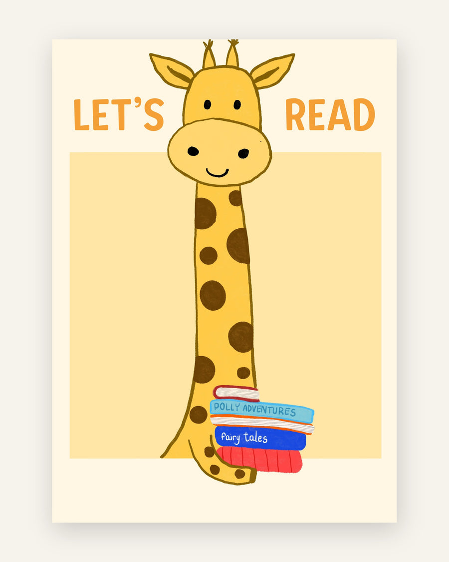 Børneplakat med giraf let's read bøger i gule toner til børneværelset