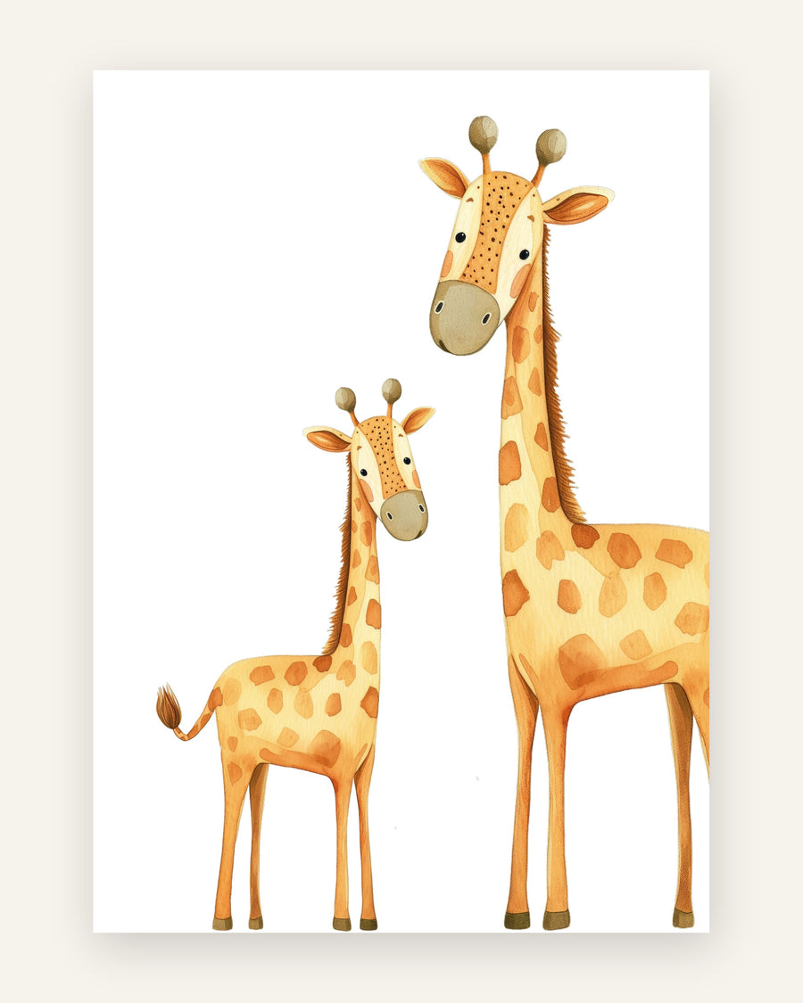 Børneplakat med giraffamilie i i orange toner til børneværelset