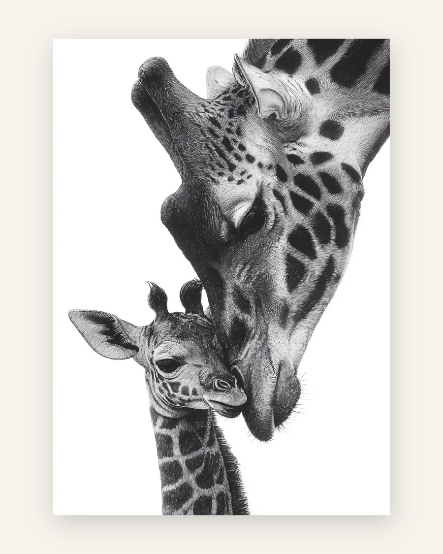Børneplakat med girafmor og kalv i sort-hvid til børneværelset