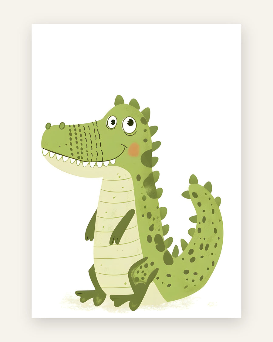 Børneplakat med glad krokodille i grønne toner til børneværelset