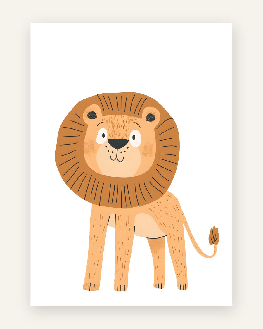 Børneplakat med glad løve i fladt design i orange toner til børneværelset