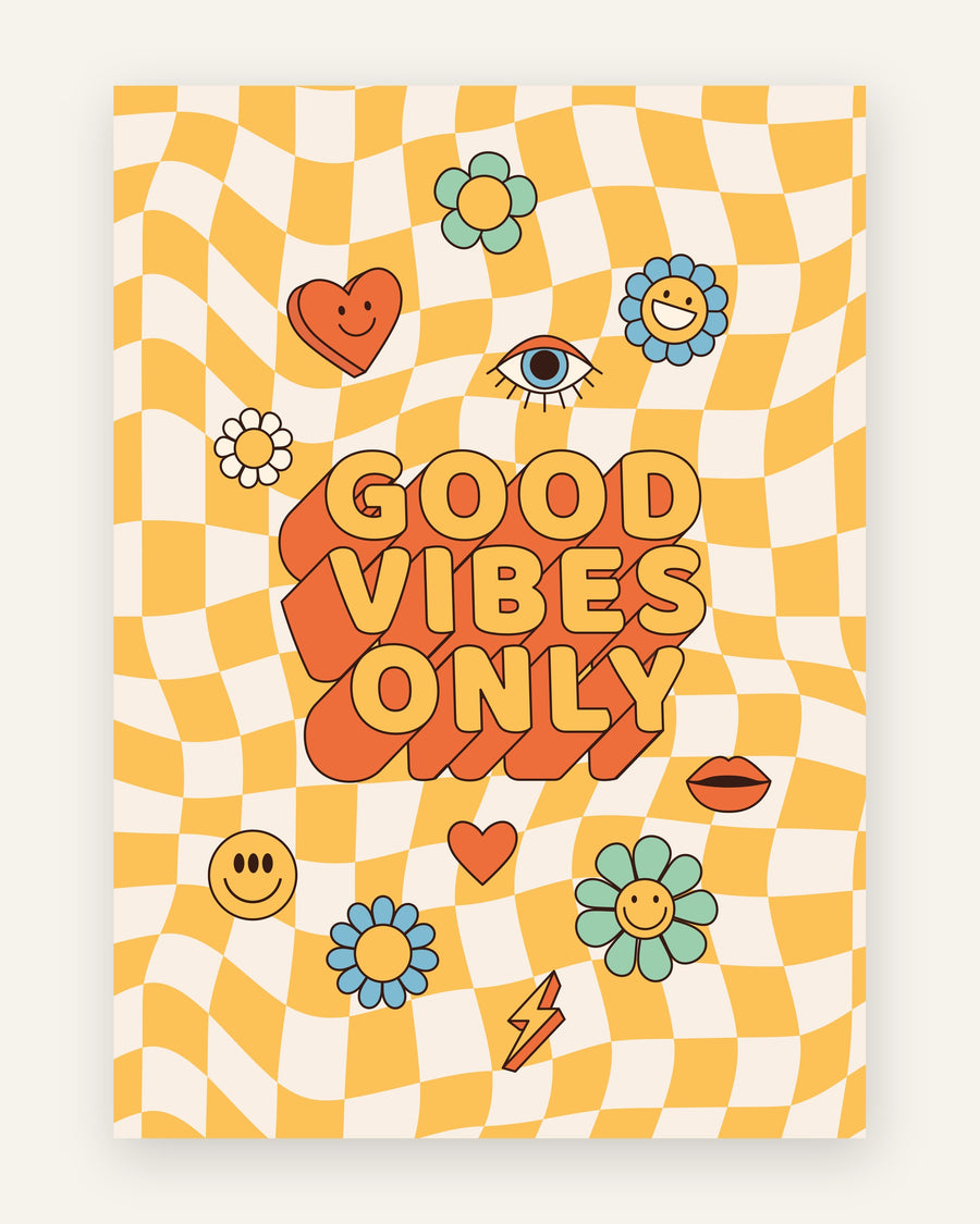 Børneplakat med good vibes only i gule toner til børneværelset