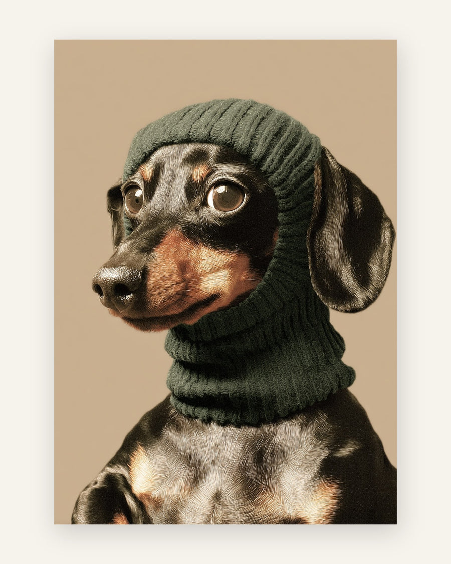 Børneplakat med sort-brun gravhund i grøn strikhue og matchende grøn halsvarmer på varm beige baggrund til børneværelset