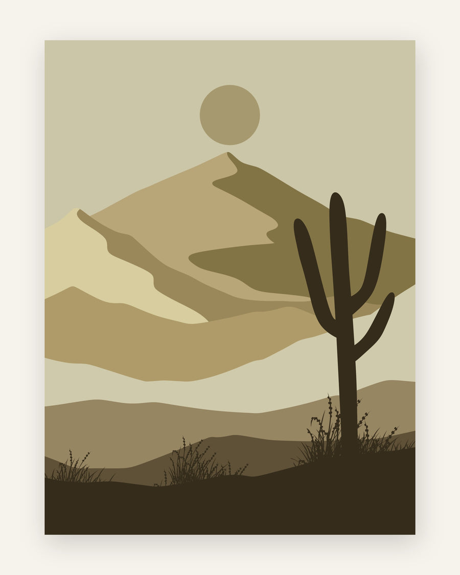 Minimalistisk plakat med brun kaktus-silhuet, lagdelte klitter og sol i olivengrønne og brune toner til børneværelset