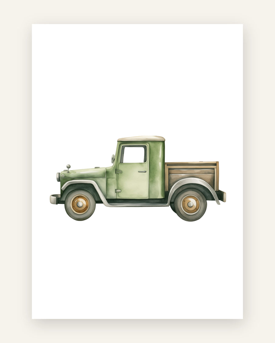Børneplakat med grøn vintage pickup truck i akvarel med træbeklædt lad på hvid baggrund