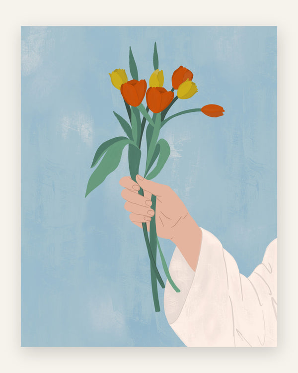 Børneplakat med hånd med tulipaner til børneværelset
