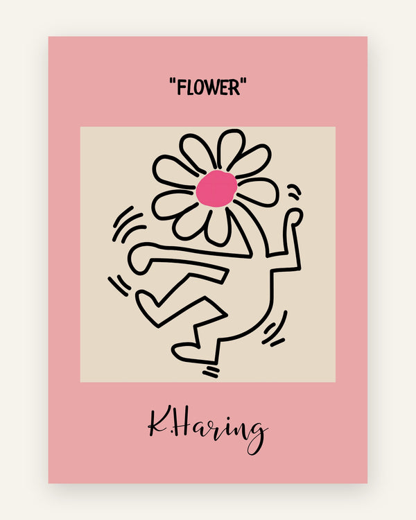 Børneplakat med haring blomst i lyserøde toner til børneværelset