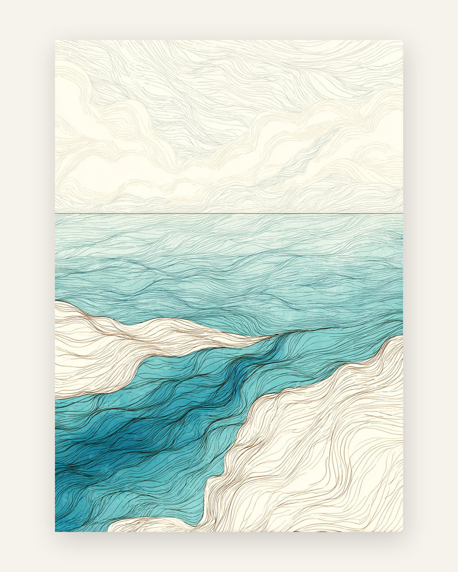 Plakat med abstrakt stregkunst af et turkis hav, der møder en cremet strand under en blød himmel, i minimalistisk stil