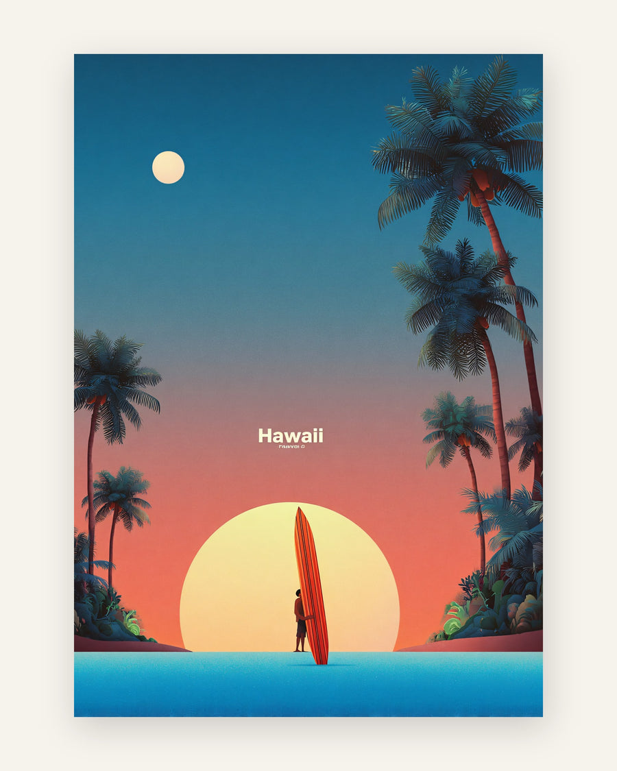 Plakat med hawaii surf i solnedgang i blå toner